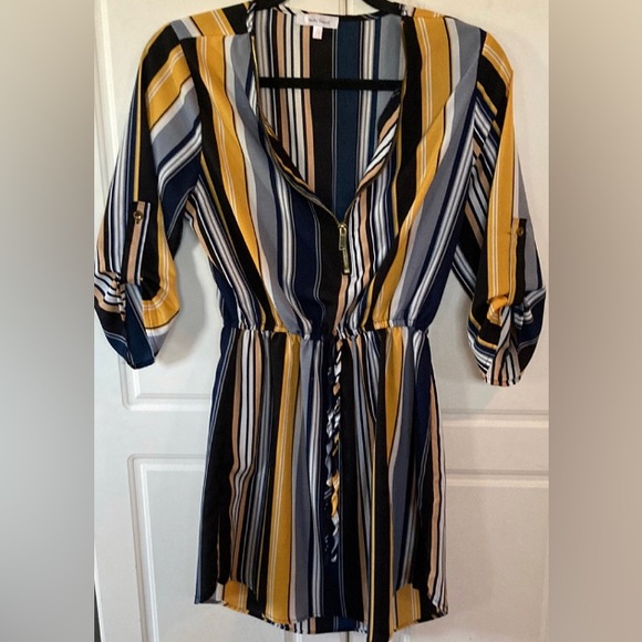 STELLA TWEED💫 Women’s Black/Yellow/White Striped Zipper-Up Long Sleeve Flowing - Picture 3 of 13